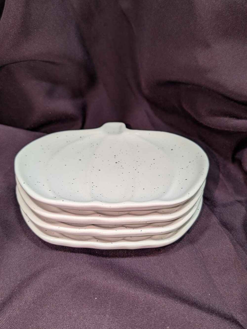6 Inches White Speckled Pumpkin Shaped Ceramic Appetizer Plates - Set of 4